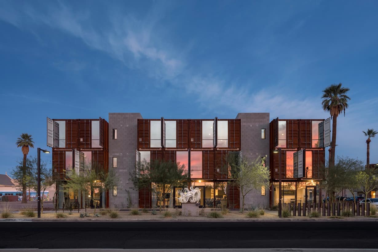 PHX Creator Space — shipping container studio exterior at twilight